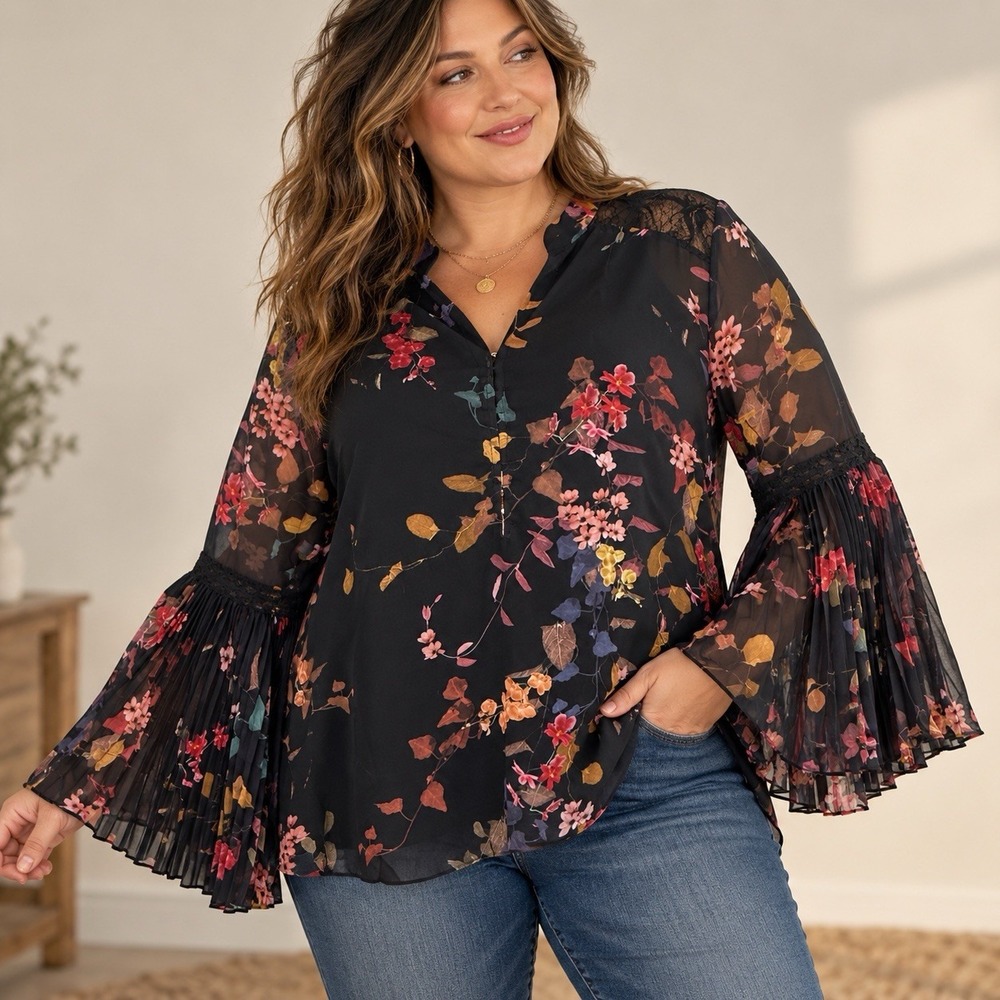 City Chic Black Floral Blouse Pleated Bell Sleeve Lace Sheer Boho Moody Sz M 18